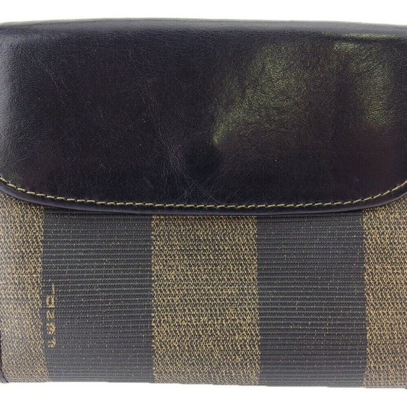 FENDI W Hook Wallet Pecan Beige PVC x Leather Authentic USED - Picture 3 of 11